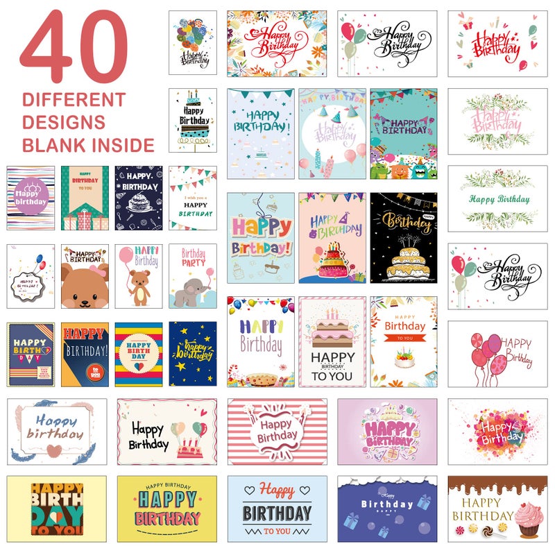 feela Birthday Cards Bulk, 40 Pack 40 Designs Happy Birthday Card Assortment Box with 40 Blank Envelopes 48 Pieces of Stickers 2 Washi Tapes, 4 X 6 Inches Greeting Cards For Girls Family Friends - Image 2